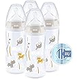 NUK First Choice+ Baby Bottles Set | 0-6 Months | Temperature Control | Anti Colic Vent | 300 ml | BPA-Free | Silicone Teat | Safari (Beige) | 4 Count