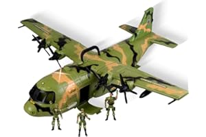 BAKAJI Avion militaire jouet géant avec lumières et sons, 3 soldats articulés, 60 x 55 x 22 cm, hayons ouvrables, poignée