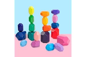 Wisplye Jeu D'empilage de Pierre, 20 Pièces de Blocs de Construction en Bois Colorée, Jouet Éducatifs Montessori Naturel de Tri et d'Empilement De L'équilibre, Cadeau pour Enfants Garçon Fille