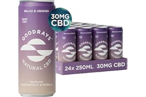 Goodrays - 30mg CBD Drink - 24 x 250ml Cans - Passionfruit & Pomelo - Natural Flavours, Low Calorie, Vegan - High Strength (30mg/can), All Natural - Reduce Stress & Unwind