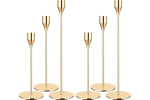 FXKS Set of 6 Gold Candlestick Holders,Candle Holder for Taper Candle Fits 3/4 inch Thick Candle&Led Candles,Retro Metal Candlesticks for Candlelight Dinner Wedding Party Banquet Decoration
