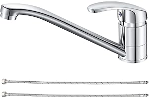 YAPWIKI Wasserhahn Küche, Chrom Küchenarmatur mit Einhebelmischer, Keramikkartusche und 360° Drehbarer Edelstahl Spültischarmatur, Schnellmontage mit 60cm Kalt-/Warmwasserschlauch