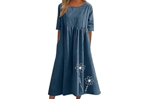 Zeiayuas Cotton Linen Dresses for Women T Shirts Summer Midi Dress Short Sleeve Round Neck Long Dress Ladies Beach Loose Solid Color Casual Dresses UK Plus Size 8-22