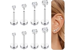 Diamday 8pcs Helix Piercing Jewellery Tragus Piercings Surgical Steel Nose Stud Flat Back Earrings 16G 18G Conch Rook Labret Piercing Studs Hypoallergenic Cartilage Tragus Helix Earrings Nose Studs