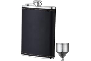 BSGP Flasque pour alcool et entonnoir, 226,8 g en acier inoxydable avec couvercle en cuir noir pour boire de l'alcool, du whisky, cadeau pour homme
