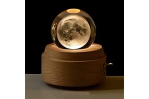 QIANLING 3D Wiederaufladbare Kristallkugel Mond Spieluhr mit LED-Projektorlicht und drehbarem Holzsockel, kreative Holzgeschenk-Kristallkugel-Spieluhr für Jungen-Mädchen-Geburtstagsgeschenke