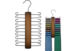 FOCCTS Wooden Tie Rack Retro Belt Storage Hanger Organizer for Men Closet Space Saving Rack with 20 Non-Slip Hooks for Ties Belt Scarf Organizer 360 Rotate Hanger Tie Display Holder, 1 Piece, Brown