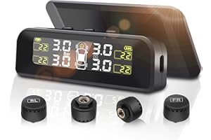 Avutrel 0-3.5Bar Tyre Pressure Monitoring System TPMS Solar Wireless & USB Charging, 5 Alarm Modes, 4 External Sensor, Universal Vehicle Accessories Fits for Cars SUVs Vans Caravans