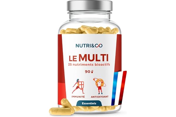 NUTRI & CO Multivitamines et Minéraux 25 Nutriments - Vitamines A B C D3 E K2 + Minéraux dont Magnésium et Zinc - Haute Absorption - 90 Gélules Vegan Friendly Conditionné en France