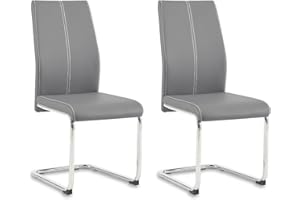 Colorig Faux Leather Dining Chairs Set of 2, High Backrest Kitchen Chairs with U Shape Chrome Metal Legs, Easy Clean Chair for Living Room Dining Room Office Kitchen (2, Grey)