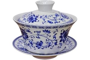 KOPYFANTAP Juego de Taza de Té Tradicional Chino de Porcelana Kungfu, Gaiwan Azul y Blanco con Diseño de Loto,300ml Grande Capacidad Tazón de Té o Taza de Caf