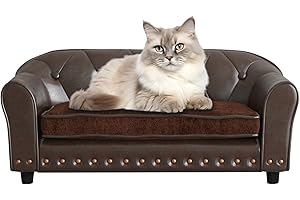 PWTJ Pet Sofa with Removable Cushion Cover, PU Leather Dog Cat Bed with Brass Nail Decor & Stitched Backrest, Elegant Design for Living Room (Brown)