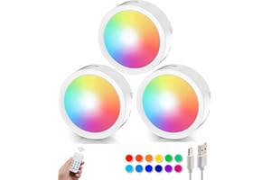 ALTUY Rechargeable Push Lights USB with Remote, RGB Changeable Tap Light Dimmable Puck Lights Stick On Closet Lights Wireless LED Touch Lighting for Under Cabinet, Bedroom Closet or Classroom 3 Pack