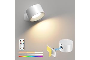 Mexllex Battery Operated Wall Light with 16 RGB Lights, Rechargeable Wall Lamp with Remote Control, 360° Rotatable Wall Sconce Wireless Reading Light, Magnetic Bedside Wall Lamp, White