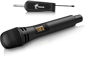 TONOR Microfono Senza Fili, UHF Sistema Wireless Microfonico Dinamico Portatile in Cordless con Ricevitore Ricaricabile, Uscita 1/4" per Amplificatore, Sistema PA, Macchina da Karaoke, Nero