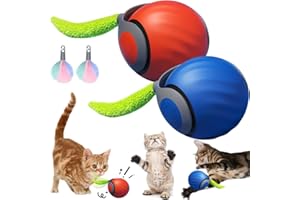 Poxtedsr Balle de Jouets interactifs pour Chats d'intérieur, Jouet Interactif pour Chien et Chat, Balle Roulante Automatiqu avec Queue Duveteuse (Bleu&Orange)