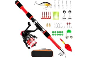 SKIKHN Angelset für Kinder, Kinderangel Starter Set mit Angelrolle und Köder, Tragbare Kinder Angelset, Komplett Fischzubehör-Set mit Tragetasche, Teleskop Angelruten für Kinder von 3-10 Jahren (Rot)