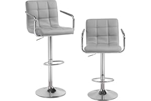 PANANA Cuban Bar Chairs with Armrest, Height Adjustable Synthetic Leather 360° Swivel Kitchen Stool with Backrest and Footrest for Breakfast Bar, Counter, Kitchen and Home (Set of 2 Stools, Gray)