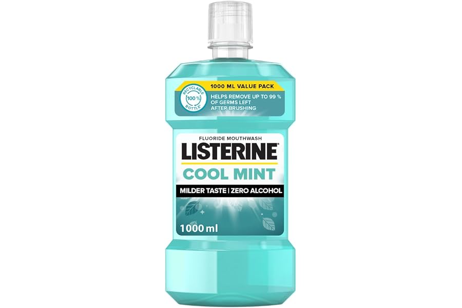 Listerine Cool Mint Daily Mouthwash 1L Antibacterial Oral Rinse for Fresh Breath, Kills 99.9% Germs, Helps Prevent Plaque & G