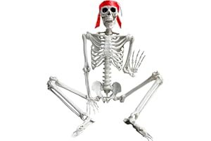 OAOGOD 165cm Posable Halloween Skeleton Decorations with Ribbon,Human Full Body Life Size Skelton with Movable Joints for Spooky Outdoor Haunted House Prop（Head Installation Requires Loosening Screws）