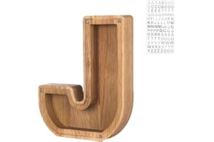 FOHYLOY Wooden Letter Piggy Bank, Personalized A-Z Letter Piggy Bank for Kids and Adults, Wooden Coin Bank Money Box with Alphabet Stickers, Home Decoration Birthday Gift for Boys and Girls (J)