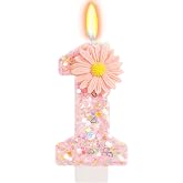 Number 1 Pink with Daisy Flower and Glitter Candle - Birthday Candle for Girls, Cake Decoration 1 Year Baby, Original Childre