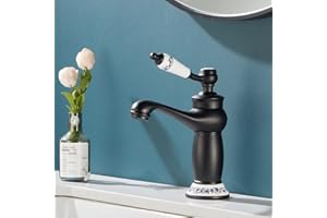 Maynosi Rubinetto miscelatore retrò per lavabo, Rubinetti vittoriani di lusso con maniglia in ceramica floreale, Rubinetto vintage monocomando per lavabo, Include code flessibili, In ottone,Nero opaco