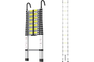 Kidsgigglz Echelle Telescopique, 4,4m Escabeau Telescopique, Échelle Télescopique en Aluminium avec Crochet, Echelle de Toit Pliable, Escabeau Multifonction, Hauteur Réglable, Charge Max 150 kg