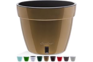 Santino ASTI Maceta de Riego Automático con Indicador de Nivel de Agua, Redonda, para Plantas, Flores, Hierbas (Ø 23,5 cm, Altura 18 cm, 6 L, Dorado/Negro)