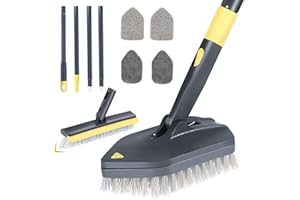 WLICH Bathroom Tub and Tile Scrubber, 4 in 1 Long Handled Shower Cleaning Brush with Replaceable Grout Brush Stiff Bristles Brush Scouring Pad and Microfiber Cloth for Toilet Sink Glass Wall Floor