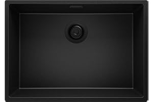 PRIMAGRAN Lavello sottotop Tutto Nero 66x47cm, Lavandino in Granito a 1 vasca + Sifone Classico, Lavabo da Cucina al mobile 70cm - London S280