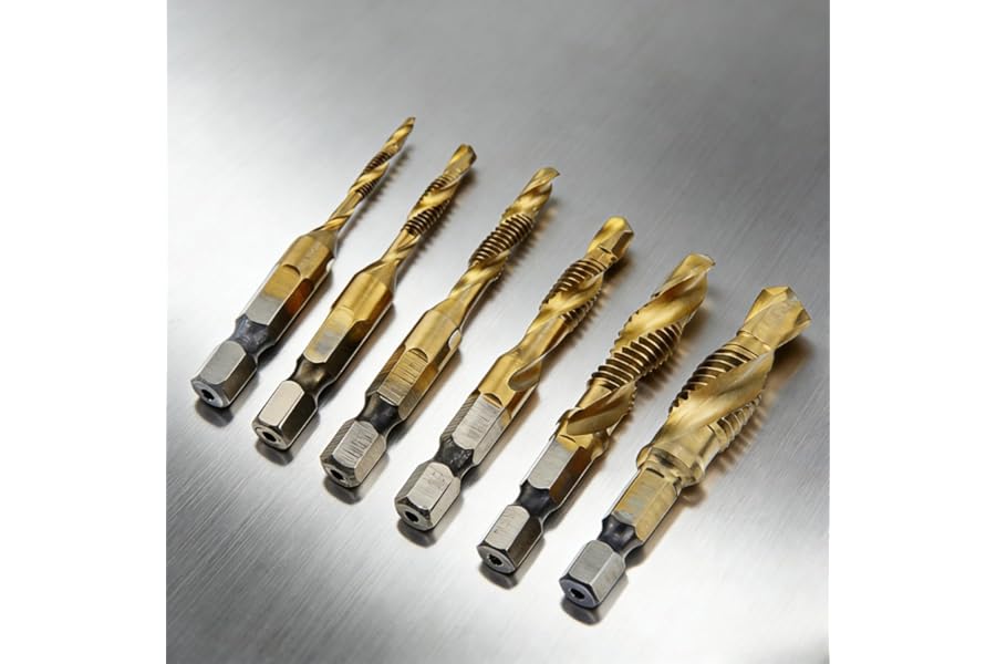 6Pcs Hex Shank Combination Tap Drill Bits, Multi-Functional Drilling Tapping Tool Set, Spiral Thread Tap for Metal Working, Machine Use Short Drill Accessories