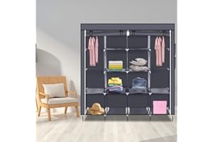 LEADZM Armadio pieghevole in tessuto, con chiusura lampo, scomparti per camera da letto, soggiorno (grigio, 170 x 45 x 180 cm)