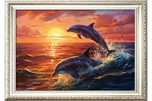 LECZANY Kit de point de croix à faire soi – meme kit de démarrage de broderie pré - imprimée canevas kit complet adulte ou enfants pour les debutants - Deux dauphins 48x32cm