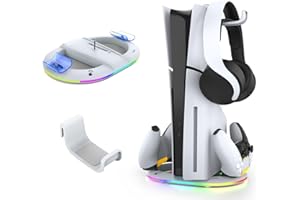 AriKroii Supporto Verticale per PS5 Slim/PS5 Pro con Doppio Caricatore Controller,Caricatore Joystick per PS5,Base ps5 slim con 14 Luci LED RGB,per PS5 Slim Disc/Digital Edition