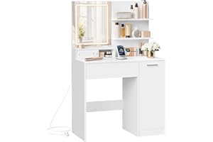 VASAGLE KAILYN Collection - Dressing Table with LED Lights and Power Outlet, Vanity Table with Mirror, Adjustable Shelves, 1 Drawer, 2 Open Shelves, Modern Makeup Desk, White RDT138W03