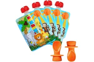 Nom Nom Kids Reusable Pouches + Baby Pouch Spoons | 4 x 140ml Pouches + 2 Spoons + Travel Bag | Little Nom | Baby Travel Essentials (Pouch & Spoon Bundle)