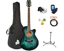 Winzz Akustikgitarre Blau-grün, Westerngitarre 40 Zoll, Gitarre Anfänger Set mit Gitarre Tonabnehmer, Gitarrenständer, Gitarr
