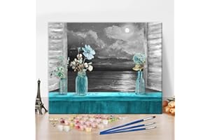 TISHIRON Peinture par numéro pour adultes, peinture à l'huile sur toile de plage et lune - Peinture acrylique sans cadre - 40,6 x 50,8 cm
