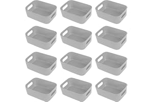 Hwtcjx 12 PCS Grey Plastic Storage Baskets with Handle, Rectangular Kitchen Organiser, Small Baskets for Storage, Storage Boxes for Kitchen, Fridge, Cupboard, Office, School, Home (15.5x11x5.5cm)