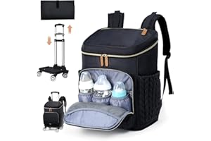 Tonyeee Wickelrucksack mit Rädern - Multifunktionale Baby-Wickeltasche für Jungen & Mädchen, Reise-Essentials mit Wickelunterlage, Kinderwagengurten, isolierten Taschen & Bonus-Rollsystem - Schwarz