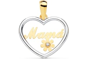 MONDE PETIT Colgante de Oro Bicolor Corazon "Mama" con Flor y circon (9kts) - Estuche Regalo - Certificado de Garantía - Mondepetit