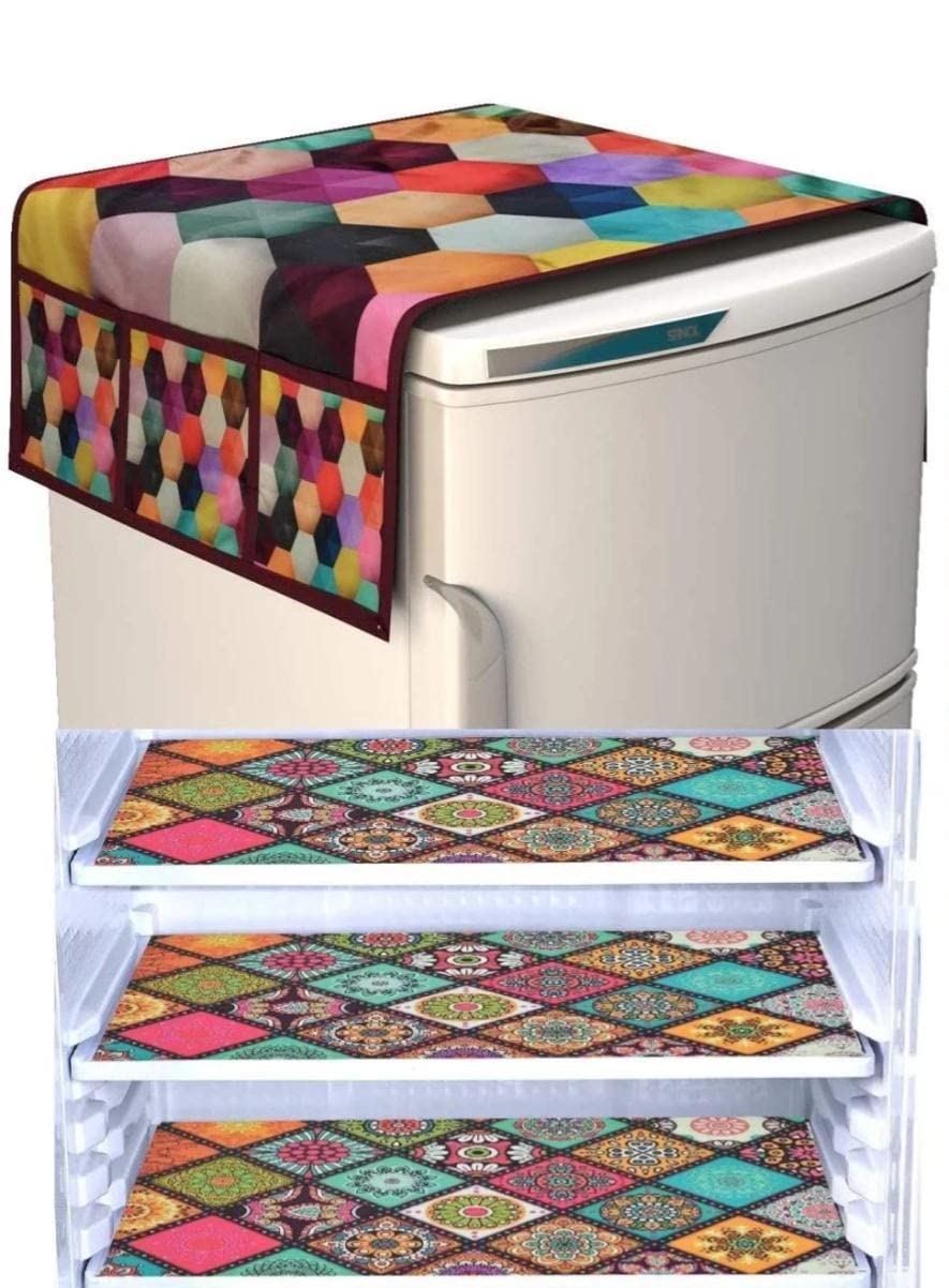 MITOOZ Refrigerator Combo of Exclusive Decorative 1 Fridge TOP Cover, 3 Fridge MATS(4 PCS Set) Multi