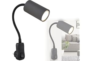 BMF-VERSAND bmfversand® Lámpara de pared interior para habitación infantil con enchufe – Lámpara de pared con interruptor dormitorio enchufe – Lámpara de lectura montaje en pared gris – Lámpara de enchufe gris