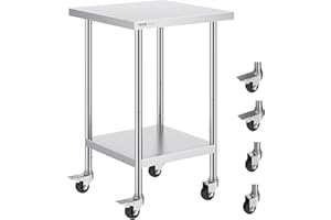 VEVOR Stainless Steel Work Table 24 x 24 x 38 Inch, with 4 Wheels, 3 Adjustable Height Levels, Heavy Duty Food Prep Worktable for Commercial Kitchen Restaurant, Silver