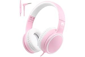 Rockpapa E9W Kids Headphones, Wired Headphones with Microphone for Kids, Adjustable Headband, Foldable Headphones for Travel/PC/Mac/Laptop/Phone (White Pink)