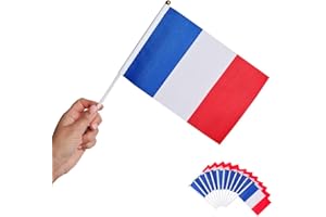 Runesol 12 Confezione di Francese Bandiere a Mano, Stick Bandiera 14x21cm, Mini Bandiere su Bastoni, Bandiere Portatili su Bastoni Feste, Decorazioni, Francia, Sport