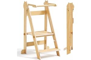 Aoykkii Torre de Aprendizaje Plegable,Escalón para niños Ajustable en Altura de 2 escalones,Torre Multiusos para Niños Fácil de Montar (Color de la Madera)