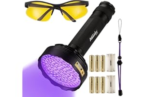 Alonefire SV128 395nm Lampe Torche UV 128 LEDs Puissante Ultraviolet Lumière Noire Détecteur d'urine avec Lunettes de Protection UV, 6 Piles AA pour Fluoresceine, Durcissement de la Résine, Peinture