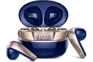 BESNOOW Cuffie Bluetooth, 2024 Mini Auricolari Bluetooth 5.3 con Bassi Immersive, Cuffie Wireless In Ear con 4 HD Mic, IP7 Impermeabili Cuffiette Bluetooth, 40H Cuffie Senza Fili con Display LED, Oro Blu